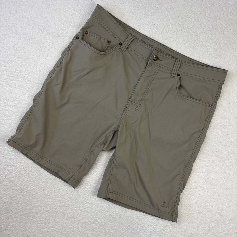 PRANA 'Brion' Mens Shorts Size 36 Khaki Tan 9" Hiking Stretch Performance Zion